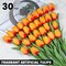 30PCS Real Touch Artificial Tulips, 13.5 Inch Silk PU Fake Tulip Flowers Bouquet Stems for Spring, Easter, Wedding, Mother’s Day, Home & Table Centerpiece Decorations (Sunset Color)